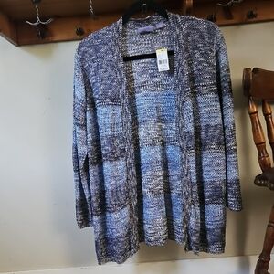 Laura Scott Blue and Gray Open-Front Knit Cardigan